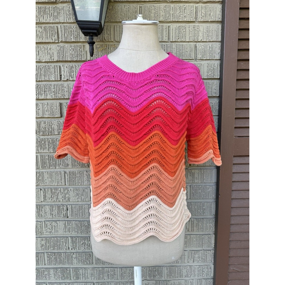 Fate Women's Multicolor Chevron Striped Open-Knit Crew Neck Pullover Sweater